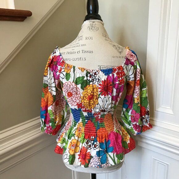 NWOT Cara Cara Heidi Smocked Top Shirt Womens XS Blue Red Floral Peplum Cotton - Picture 11 of 12